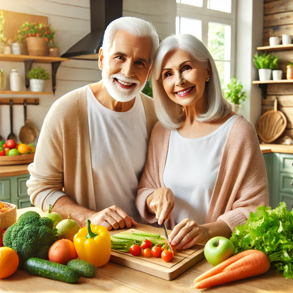 Casal sorridente cozinhando uma refeição nutritiva com ingredientes naturais, ideal para um estilo de vida saudável na terceira idade.